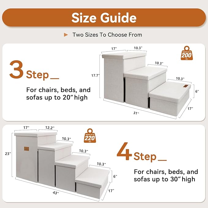 Dog Stairs with Storage 18" H, 3-Step Wider Dog Steps for Small/Medium/Large Old Dogs Cats, Folding Sturdy Pet Stairs Climbing Bed or Couch, Ramp for Car Up to 200 lbs (Beige, No Condo)-PawvioPets