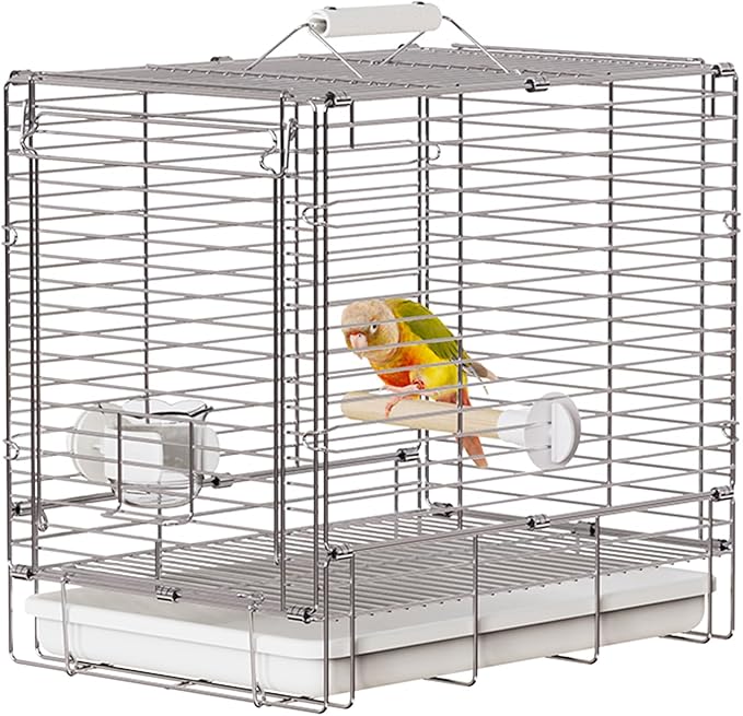 Bird Carrier Travel Cage - 304 Stainless Steel Portable Folding Bird Travel Cage with Parrot Feeder Cups & Standing Perch for Smaller Birds Conures Lovebird Cockatiel Parakeets (White)-PawvioPets