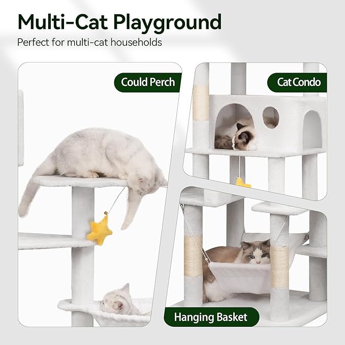 85in Tall Cat Tower for Heavy Duty Big Cats, Large Cat Tree with Scratching Post, Plush Perches, Cozy Cat Condos & Hanging Hammocks for Maine Coon, White-PawvioPets