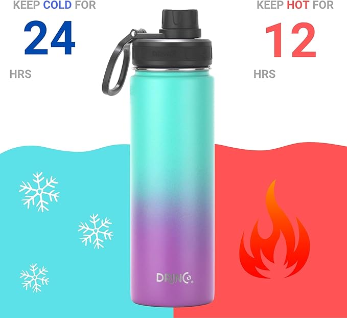 DRINCO Stainless Steel Water Bottle Spout Lid Vacuum Insulated Double Wall Water Bottle Wide Mouth (40oz 32oz 22oz 18oz 14oz) Leak Proof Keeps Cold or Hot (22 oz, 22oz Ombre Fuschia Teal)-PawvioPets