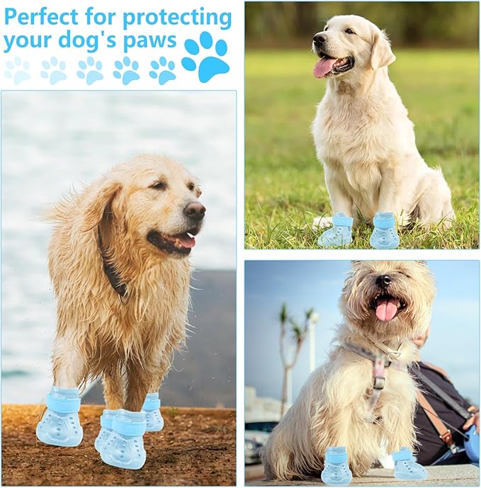 Dog Shoes, Dog Sandals for Hot Pavement, Non-Slip Waterproof Dog Booties for Winter Snowy Day and Summer, Adjustable Straps Easy-Clean Beach Outdoor Pet Boots Rugged Sole-4Pcs Blue-PawvioPets