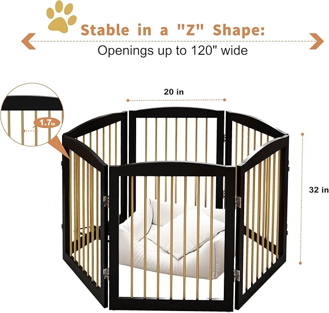 Freestanding Pet Gate for Dogs, Foldable Wooden Dog Gate for House, Extra Wide Indoor Pet Barrier for Stair, Doorway, Hall, Support Feet Included, 120 Inch Wide, 6 Panels 24",Black&Gold-PawvioPets