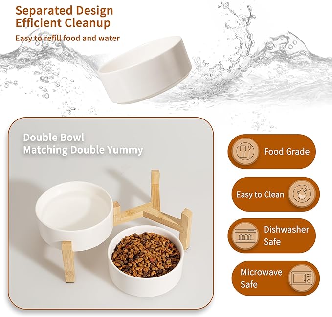 Elevated Ceramic Dog Bowl Set - Raised Feeding Bowls with Non-Slip Bamboo Stand - Small Pet Dishes for Food and Water - Ideal for Cats and Puppies - 16.23 OZ - 2 Cups - 480 ML-PawvioPets