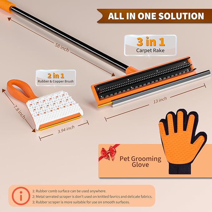 3 in 1 Carpet rake Kit for Pet Hair Removal Tool - Reusable Pet Hair Remover broom w 58"Adjustable Long Handle, Dog & Cat Carpet Scraper, Pet Hair Remover for Rugs, Mats, Couch, Curtains(Orange)-PawvioPets