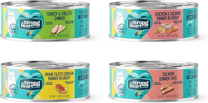 A Strong Heart Canned Wet Cat Food, Dinner Variety Pack - 5.5 oz Cans (Pack of 32), Made in The USA with Real Chicken, Turkey & Salmon-PawvioPets