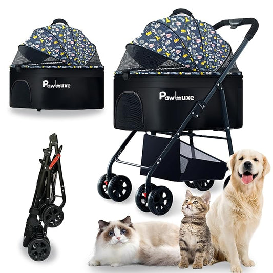4 Wheels Pet Stroller 4 in 1 Pet Stroller with Detachable Carrier for Small & Medium Dogs Cats up to 55 lbs Easy-Folding Travel Dog Wagon with Car Seat Breathable Mesh,Blue Cartoon-PawvioPets