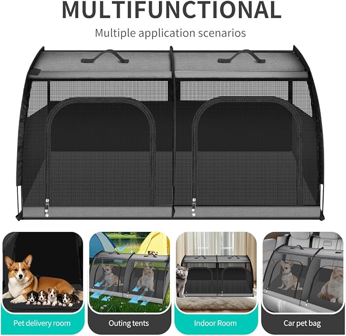Double Cat Car Travel Carrier, Twin Compartment Show House Cat Cage/Condo，Portable Pet Crate for 2 Cats Travel Double Dog Crate Set for Long Distance Travel-PawvioPets