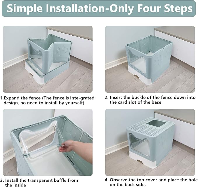 Foldable Cat Litter Box with Lid, Enclosed Potty, Large Top Entry Anti-Splashing Toilet, Easy to Clean Including Litter Scoop and 2-in-1 Cleaning Brush (Blue)-PawvioPets