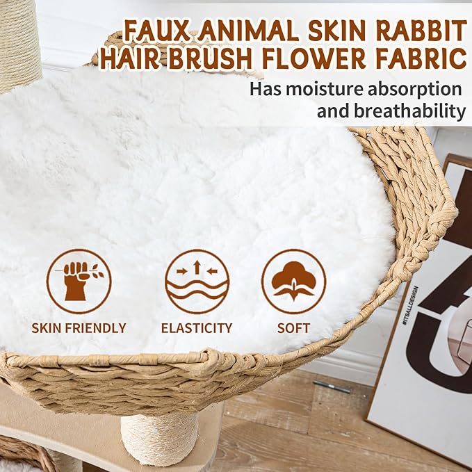 Big Modern Design Cat Tree Tower with White Cloud Mat, Unique Cat Supplies Tower with Scratching Post, Cute Wood Cat Tree Cat Furniture Activity Centre for Indoor Big Cats-PawvioPets