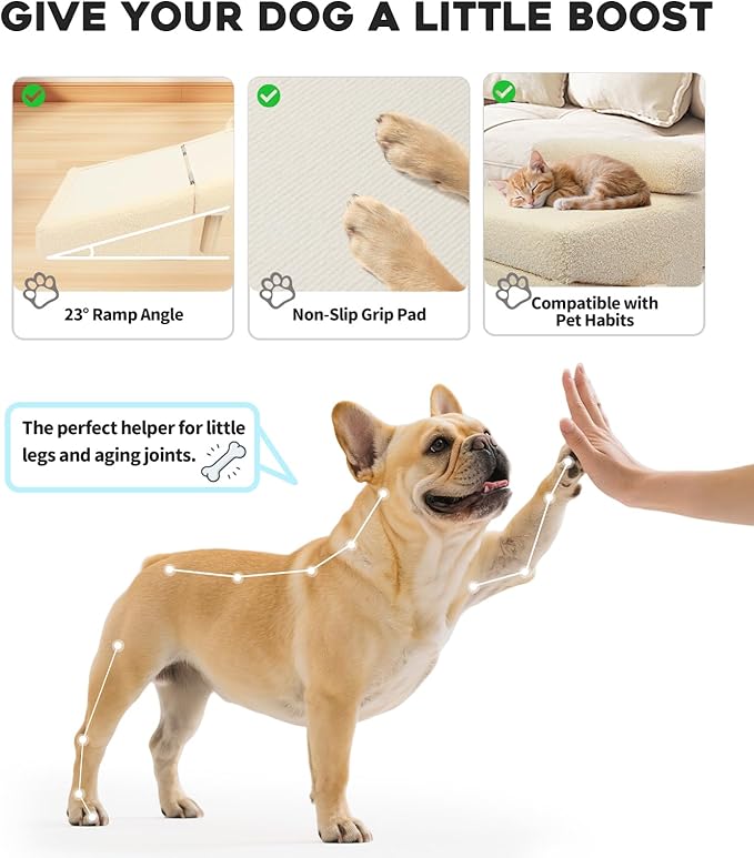 Dog Stairs for Small Dogs and Cats – 2-in-1 Dog Ramp for Bed and Couch, 16.5'' Foldable Wooden Pet Steps, Sturdy Multi-Use Split Ottoman Design, Beige-PawvioPets