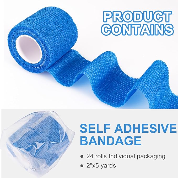 24 Pack Self Adherent Cohesive Wrap Bandages, 2” x 5 Yards Blue Athletic Tape, Medical Tape, Vet Wrap, Elastic Grip Tape for Sports Wrist Ankle Pet Ankle Swelling Sprains-PawvioPets