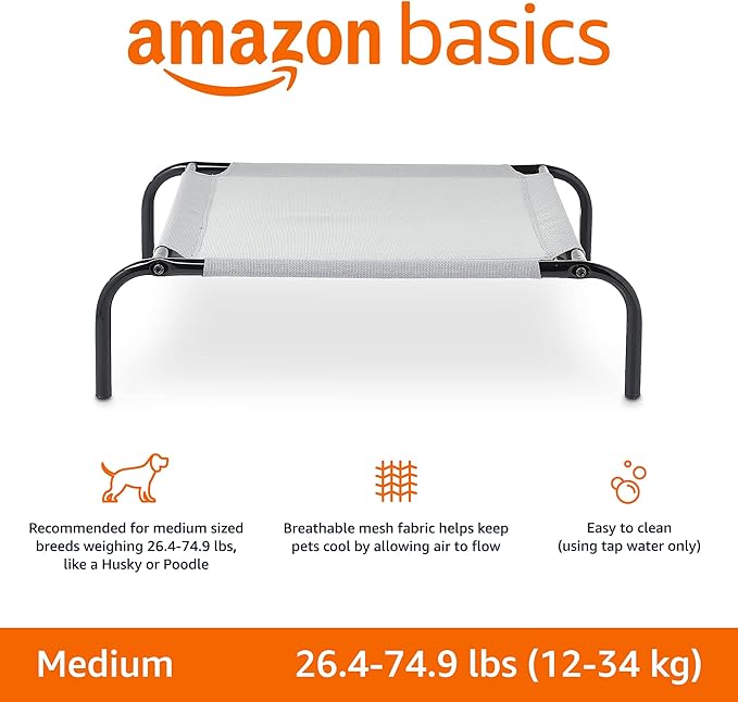 Amazon Basics Breathable Cooling Elevated Dog Bed with Durable Metal Frame, Medium, 43 x 26 x 7.5 Inch, Grey-PawvioPets
