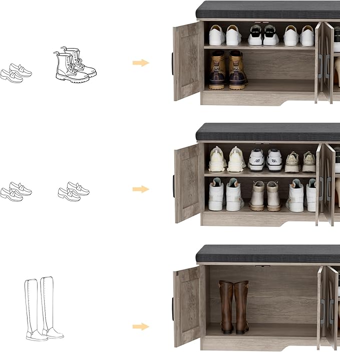 2-Tier Storage Bench, Shoe Bench with Padded Seat Cushion, Entryway Bench with 4 Barn Doors, Adjustable Shelf, 13.8" D x 47.2" W x 17.7" H, for Entryway, Living Room, Bedroom, Greige-PawvioPets