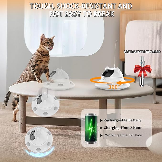 Cat Laser Toy,3-in-1Interactive Cat Toys Automatic Cat Toy with 360° Random Laser & Interactive Feather - 5 Laser PatternsUSB Rechargeable Motion Activated Moving - Fun Toys for Indoor Cats & Kittens-PawvioPets