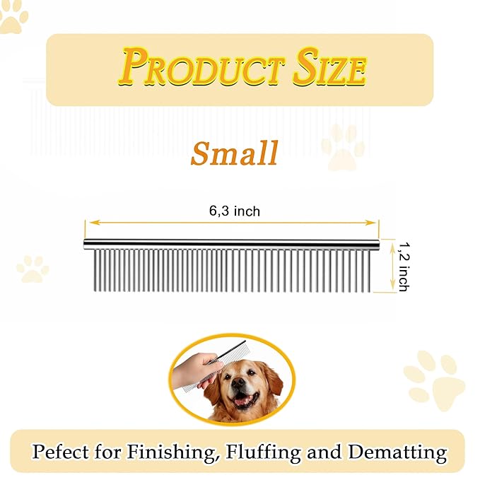 Dog Comb and Cat Combs Stainless Steel Teeth, Grooming Tool for Long & Short Hair, Dematting Comb for Dogs, Removes Tangles & Knots (Small Silver)-PawvioPets