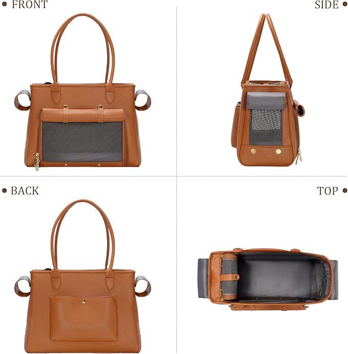 Fashion Pet Carrier Purse for Small Cat and Dog, Luxury Pu Soft-Sided Tote Bag with Large Pockets for Dogs and Puppies (Brown, 15.8" L x 7.5" W x 11.8" H)-PawvioPets