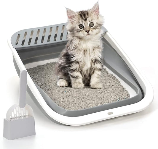 Foldable Cat Litter Box, Large Height-Adjustable Anti-Splash Open Air Kitty Litter Pan, Easy Clean with Scoop (Gray)-PawvioPets