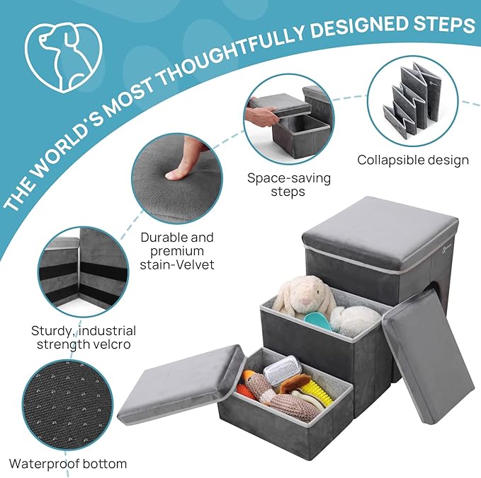 Foldable Pet Stairs for Beds & Sofas - Non-Slip Dog Steps with Storage for Small to Medium Dogs & Cats, Supports up to 120 lbs - Durable 2 & 3-Step Doggie Ladder for Easy Access-PawvioPets