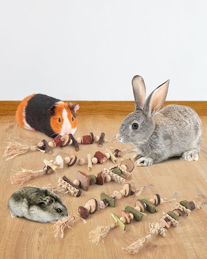 6PCS Bunny Chew Toys, Hamster Rabbit Cage Hanging Chew Toys, Natural Apple Wood Bunnies Treats, Improve Small Animal Teeth Health for Guinea Pig Chinchilla Ferret Rats Gerbil-PawvioPets