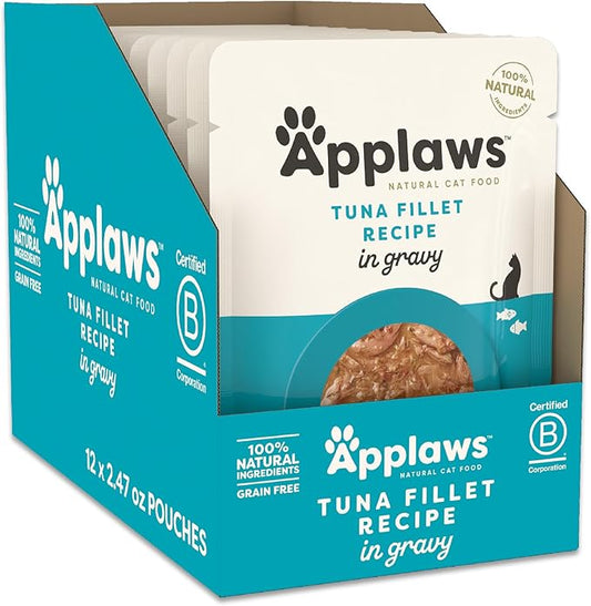 Applaws Natural Wet Cat Food in Gravy, Limited Ingredient Wet Cat Food Pouches, No Additives, Made with Natural Ingredients, Tuna Fillet in Gravy (12 x 2.47oz Pouches)-PawvioPets