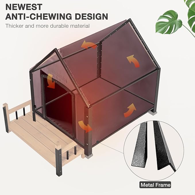 Dog House with Insulated Liner Outdoor Indoor All-Around Iron Frame Design Dog House with Porch＆Raised Feet for Small Medium Large Dogs（Brown）-PawvioPets