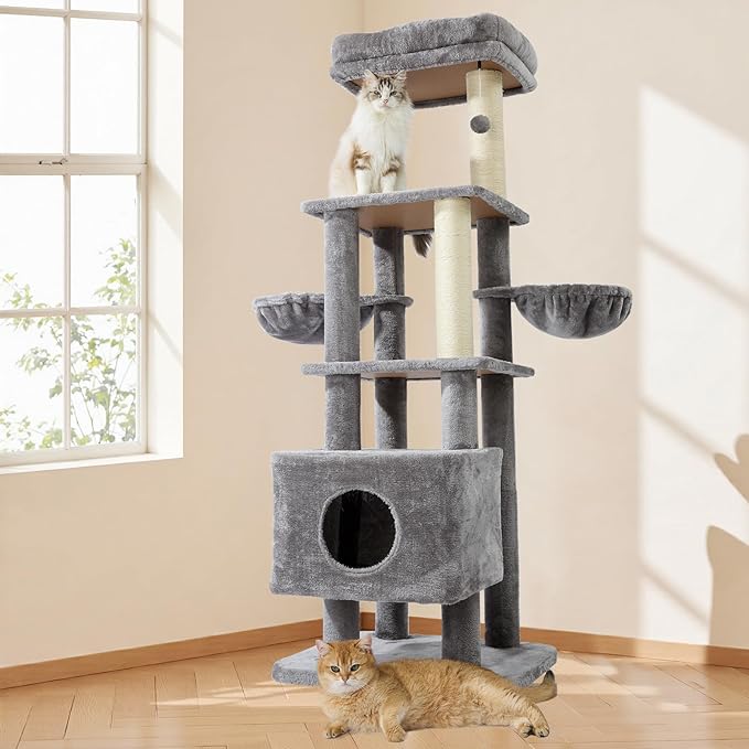 Gardner Pet 65in Heavy Duty Cat Tree Tower for Large Cats, Multi-Level Cat Furniture with Replaceable Sisal Scratching Post, Hammock | Extra-Large Platform & Condo (Grey)-PawvioPets