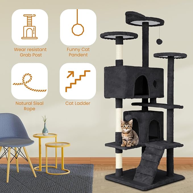 54.7 inches Cat Tower for Indoor Cats, Multi-Level Cat Condos with Scratching Posts, Hanging Toys, Dark Gray-PawvioPets