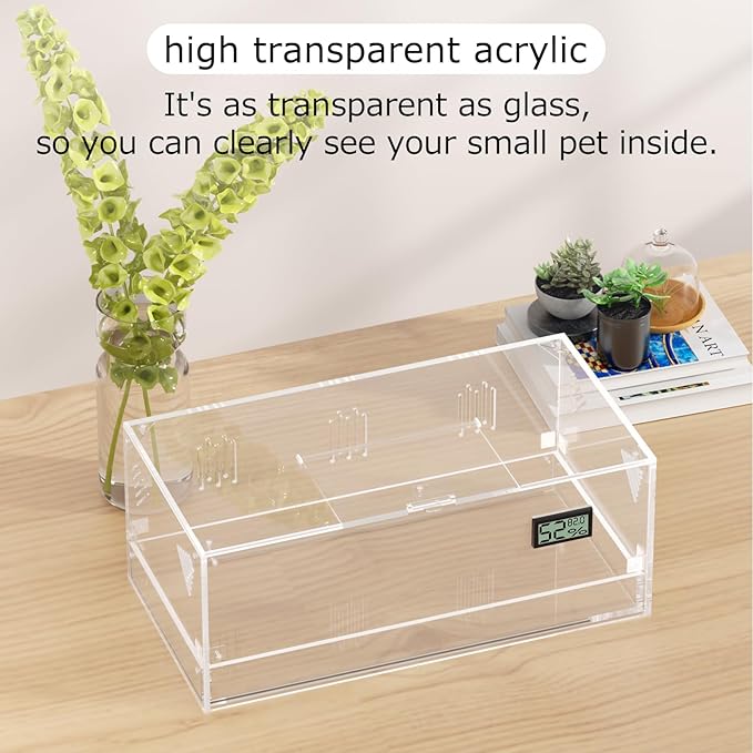 Acrylic Tarantula Enclosure, Reptile Terrarium Breeding Tank w/Temperature Hygrometer,Habitat Reptiles Feeding Box Isopod Terrarium Cage for Insect Lizard Home Office (Reptile-Tank-L(Tray))-PawvioPets