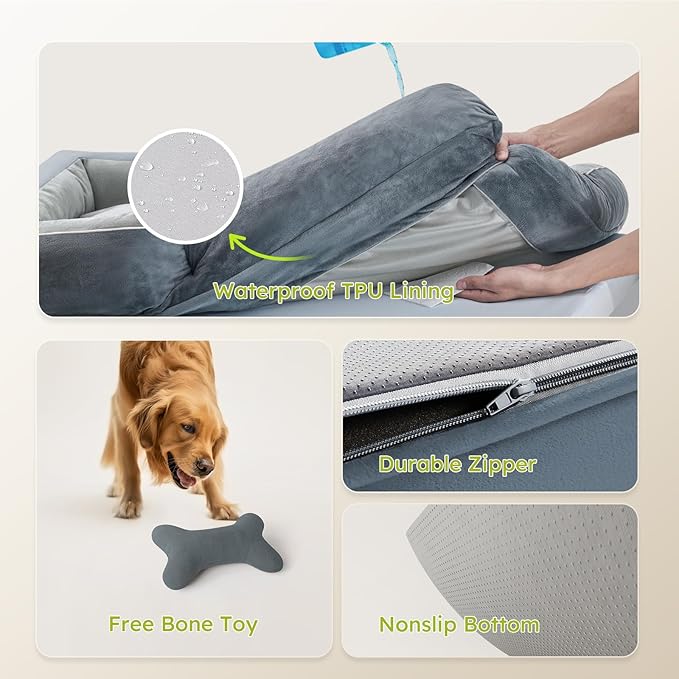 Dog Beds for Large Dogs, Orthopedic Dog Bed with Cooling Gel Memory Foam, Waterproof Large Pet Bed with Removable Washable Cover, 36" Pet Sofa Couch Dutch Velvet with Bone Toy, Dark Gray-PawvioPets