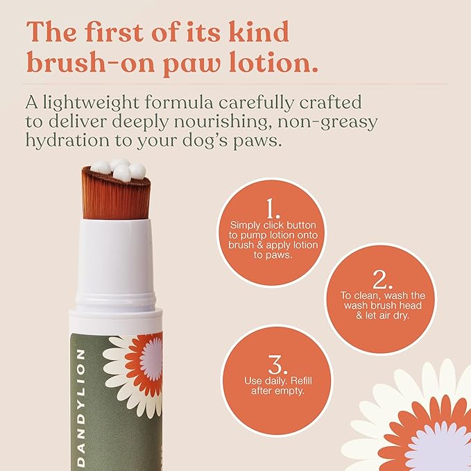 Dandylion Soft Paws | Paw Lotion with Brush | Dog Paw Balm Hydrating Alternative | Vet-Approved, Lick-Safe & Fragrance-Free | pH-Balanced for Itchy, Dry, Cracked Paws, Small & Large Dogs 0.6 fl oz-PawvioPets
