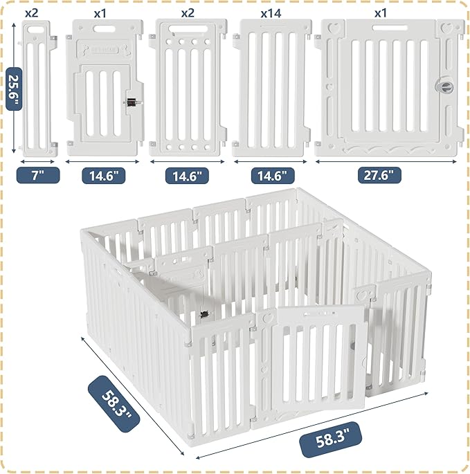 2 Room Dog Playpen with Door,DIY Shape Combination Puppy Pen,16-Panel+2 Link Piece+Large Door+Small Door,25.5" H Dog Fence,Non-Slip&Secure Pet Gate,Easy to Assemble-PawvioPets