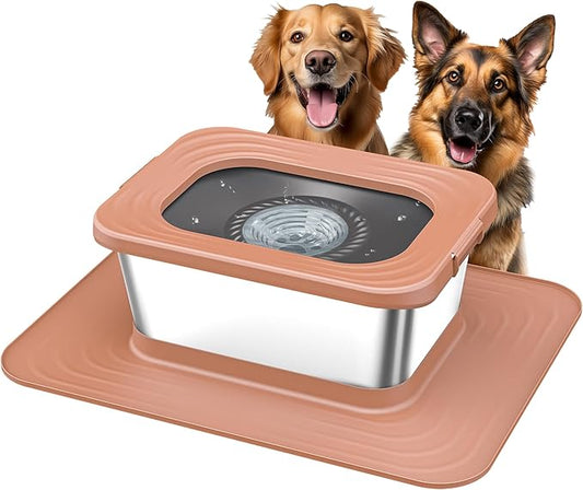 Decflow 10L Stainless Steel Dog Water Bowl, No Spill Anti-Splash Dog Bowls with XXL Silicone Mat, Spill-Proof Slow Feeder for Messy Drinkers, Heavy Duty Pet Bowls for Indoor/Outdoor Use Pink-PawvioPets