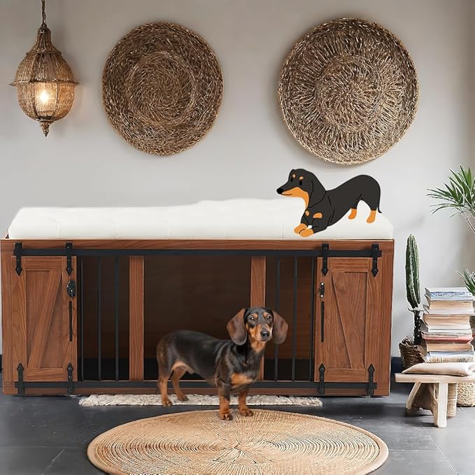 56" L Dog Crate Furniture with Padded Seat, End of Bed Bench Ottoman with Cushion, Wooden Dog Kennel with Pet Stairs & Sliding Barn Door for Bedroom, Living Room, Walnut-PawvioPets