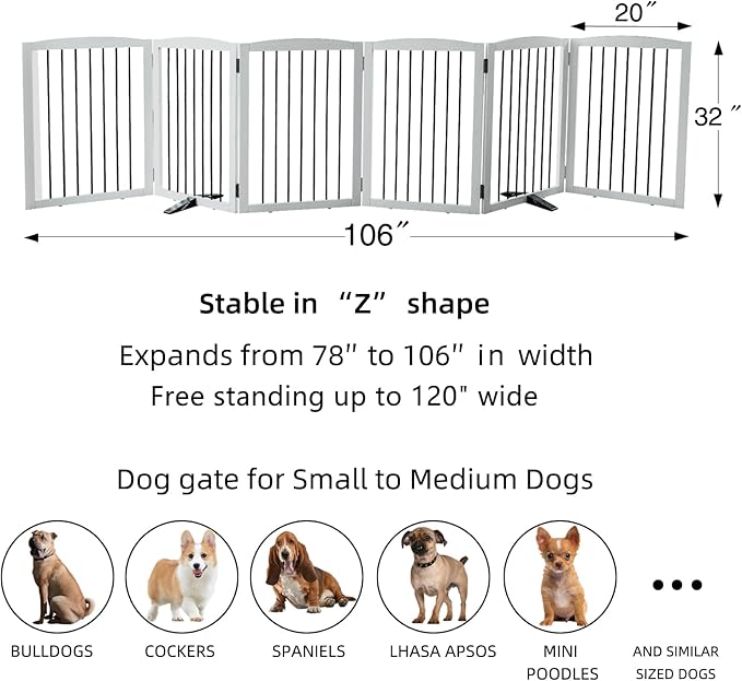 Freestanding Panel Dog Gate for Indoor, Doorways,Stairs, or Hallways,Foldable Wooden Dog Gates for House,Pet Gate for Dogs,Dog Fence, Puppy Gate,Support Feet Included,32 "Height-6 Panels,White-PawvioPets