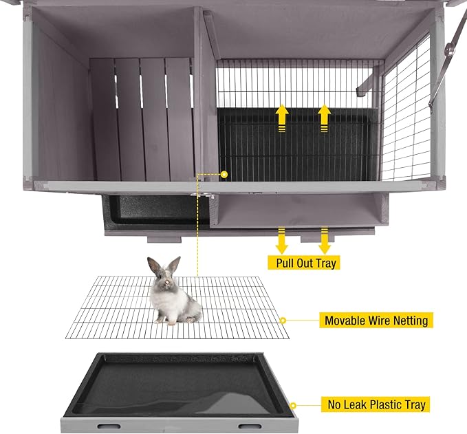 Aivituvin Outdoor Rabbit Hutch, Wooden Bunny Cages Indoor with Deeper Leakproof Tray - Upgrade with Metal Wire Pan-PawvioPets
