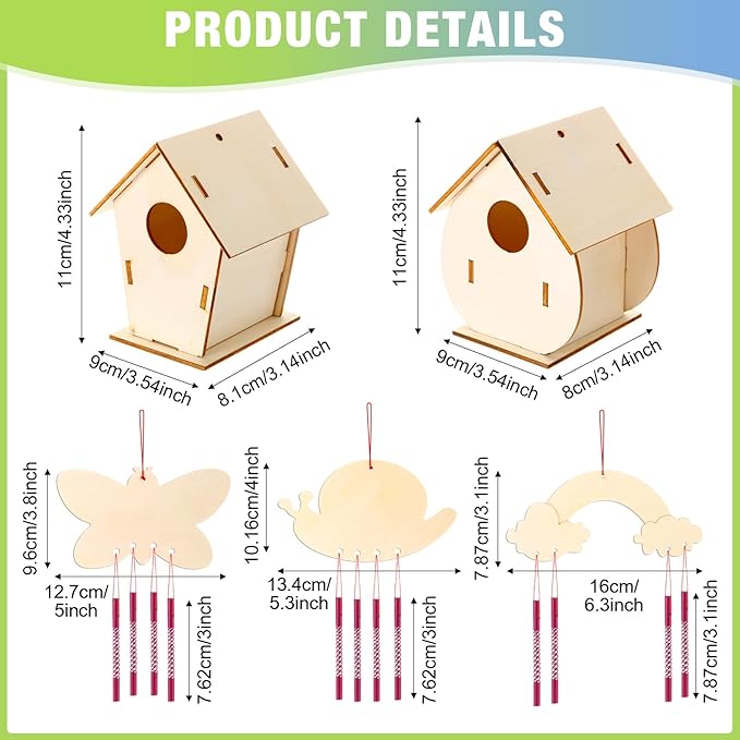 30 Pcs Crafts DIY Bird House Wind Chime Kit Unfinished Wood Birdhouse Kits 12 Wooden Birdhouses & 18 Wind Chimes Build and Paint Birdhouses Bulk Crafts Set-PawvioPets
