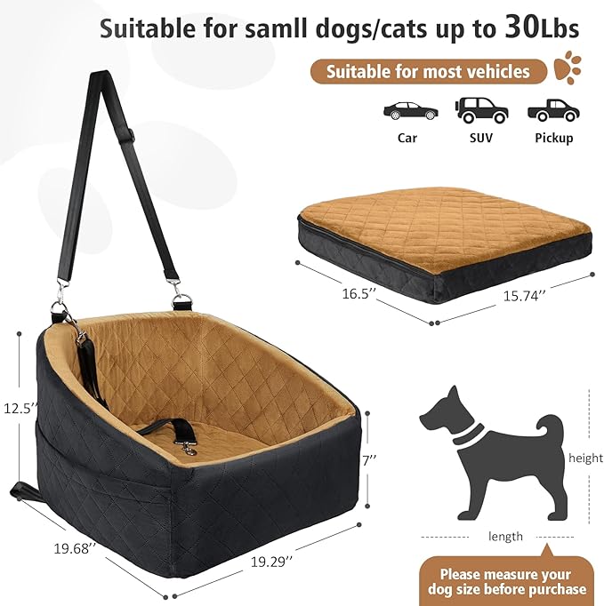 Dog Car Seat for Small Medium Dogs,Detachable Washable Dog Booster Seat Under 30lbs, Pet Car Seat Travel Bed with Storage Pockets and Dog Safety Belt(Black/Brown)-PawvioPets
