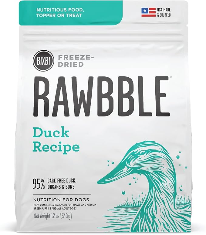 BIXBI Rawbble Freeze Dried Dog Food, Duck Recipe, 12 oz - 95% Meat and Organs, No Fillers - Pantry-Friendly Raw Dog Food for Meal, Treat or Food Topper - USA Made in Small Batches-PawvioPets