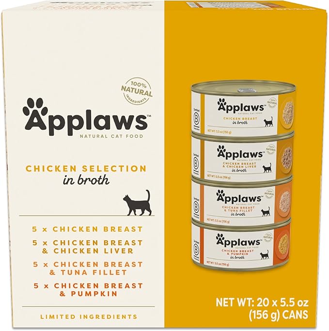Applaws Natural Wet Cat Food in Broth, Limited Ingredient Canned Wet Cat Food, No Additives, Made with Natural Ingredients, Chicken Selection in Broth Cans (20 x 5.5 oz Cans)-PawvioPets