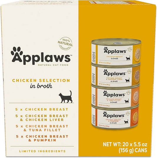 Applaws Natural Wet Cat Food in Broth, Limited Ingredient Canned Wet Cat Food, No Additives, Made with Natural Ingredients, Chicken Selection in Broth Cans (20 x 5.5 oz Cans)-PawvioPets