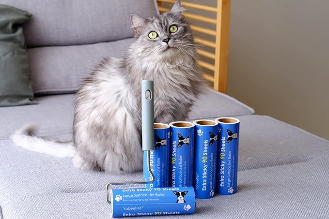 Extreme Sticky Large Surface Lint Roller, 6.3'' Giant Pet Hair Remover Roller for Pet Dog Cat Hair, Clothes&Furniture Cleaning, 90 Sheets (1 Roller + 2 Refills)-PawvioPets