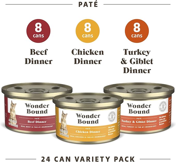 Amazon Brand - Wonder Bound Wet Cat Food, Pate, No Added Grain, Variety Pack (Beef/Chicken/Turkey & Giblet), 3 ounce (Pack of 24)-PawvioPets
