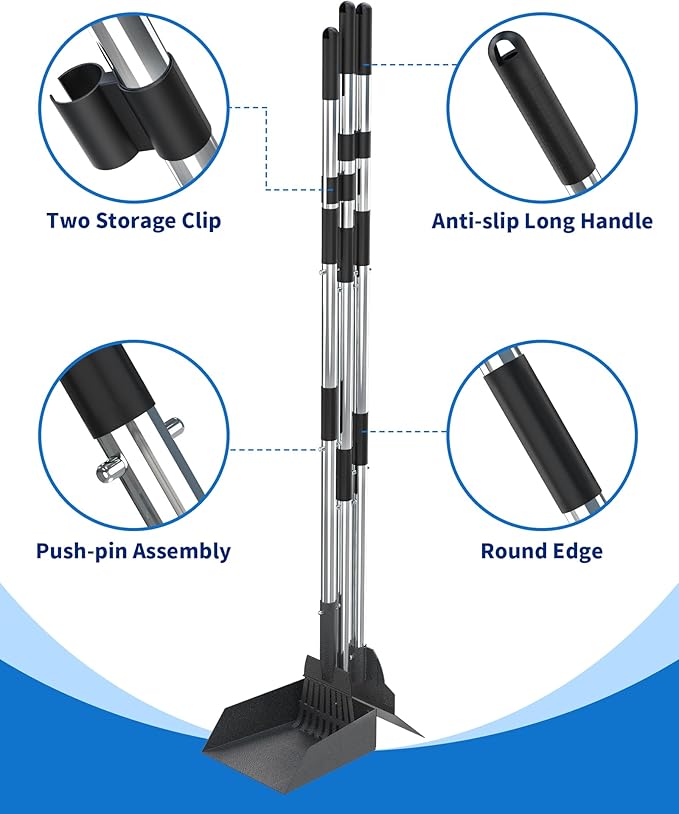 Dog Pooper Scooper Set, Stainless Metal Tray Rake Spade 3 Pack, Long Handle Pet Waste Scooper for Large Medium Small Dogs, Heavy Duty Poop Scooper for Yard, Grass, Dirt or Gravel-PawvioPets