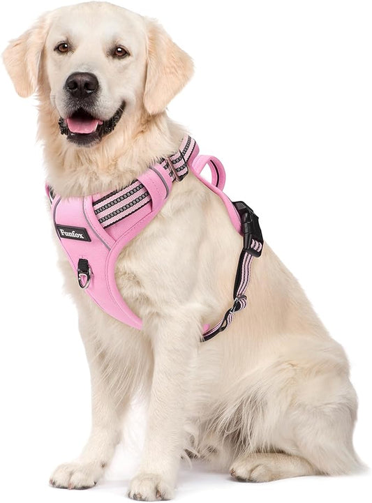 Funfox Dog Harness No Pull, Adjustable Pet Vest Harness, Super Soft Material with Vertical Handle Easy Control, Reflective Night Walking, 2 Leash Clips for Large Dogs, Pink, L-PawvioPets