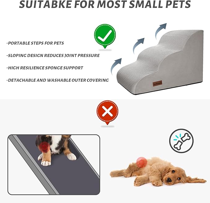 3-Step Dog Ramp and Stairs for Sofa and Chair - Non-Slip Sturdy Pet Steps for Small Dogs and Cats,15.7" H,Light Grey-PawvioPets