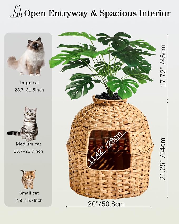 Cat Litter Box Plant Furniture Enclosure, Hidden Handwoven Rattan with Cat Litter Box and Artificial Plants, Odor Control Filter, Real Stones in Living Room, Bedroom, Corner Natural-PawvioPets