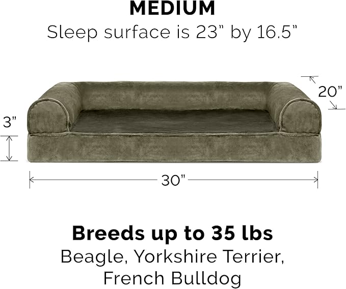 Furhaven Cooling Gel Dog Bed for Medium/Small Dogs w/ Removable Bolsters & Washable Cover, For Dogs Up to 35 lbs - Faux Fur & Velvet Sofa - Dark Sage, Medium-PawvioPets