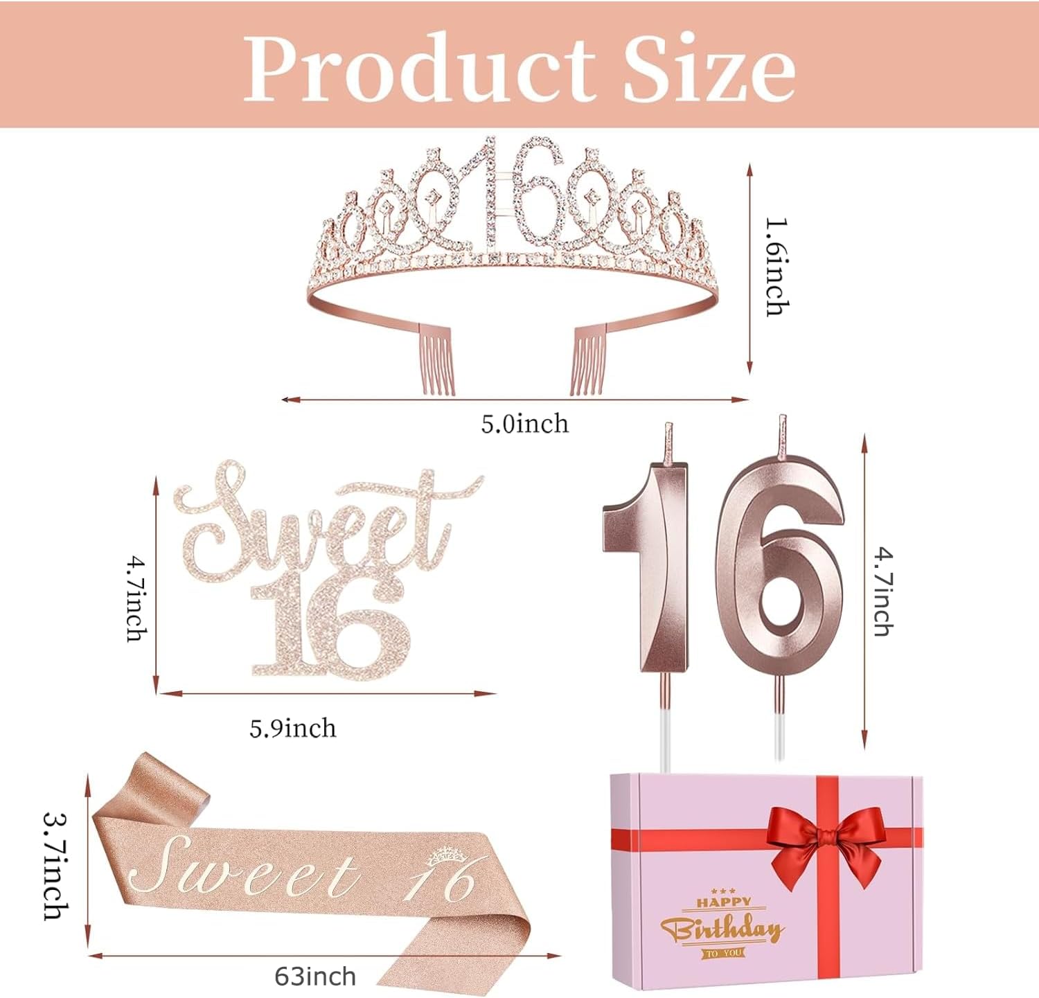 Sweet 16 Party Decorations for Girls Including Sash and Tiara, Cake Topper and Candles, 16th Birthday Decorations for Girls, Sweet Birthday Gifts Party Favor Supplies