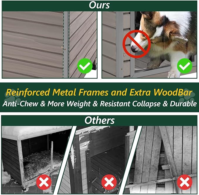 43.3" L Dog House Outdoor for Large Breeds Dogs Anti Chewing Iron Frames Dog Kennel Wooden Pet Houses for Indoor Outdoor with Weatherproof Roof,6 Elevated Feet, Reinforced Bottom Support-PawvioPets