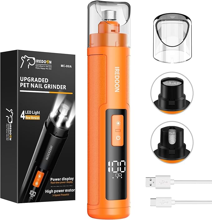 Dog Nail Grinder Upgraded - Professional 3-Speed Super Quiet and Low Vibration Electric Pet Nail Grinder with 4 LED Lights - Painless Paws Grooming & Smoothing for Small to Large Dogs (Orange)-PawvioPets